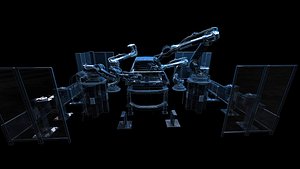 Robot arm animation car manufacturing production line factory 3D model