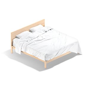 3D White Wooden Double Bed - king size bedding with pillow and mattress model