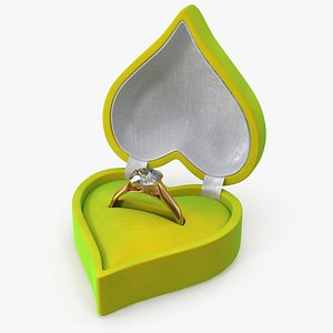 3D Asscher Cut Diamond Gold Ring In Heart Shaped Green Box V01