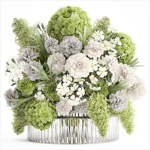 Realistic bouquet green flower branches  hydrangea glass vase 3D