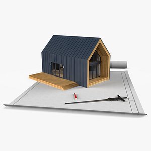 Model of House with Caliper Tool and Paper Blueprint