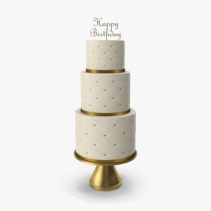 Cascade Cake with Decor of Gold Ribbon and Topper Happy Birthday 3D model