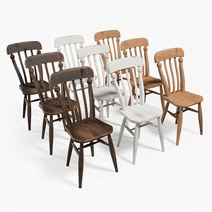 3D Old Wooden Chairs Bundle - Oak Wood Dining Chairs Bundle (Painted Shabby White, Stained Aged, Waxed Used, 9 unique texture sets: 3 styles, each with 3 unique variations) model