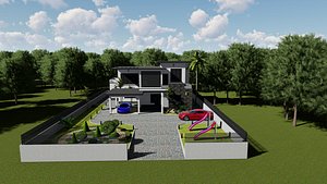 3D model Modern Two Story House with Garden Cars and Photorealistic Environment  3D Model