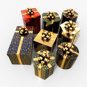 Gift Boxes - Vertical Variety with Glossy Ribbon Rosette 3D