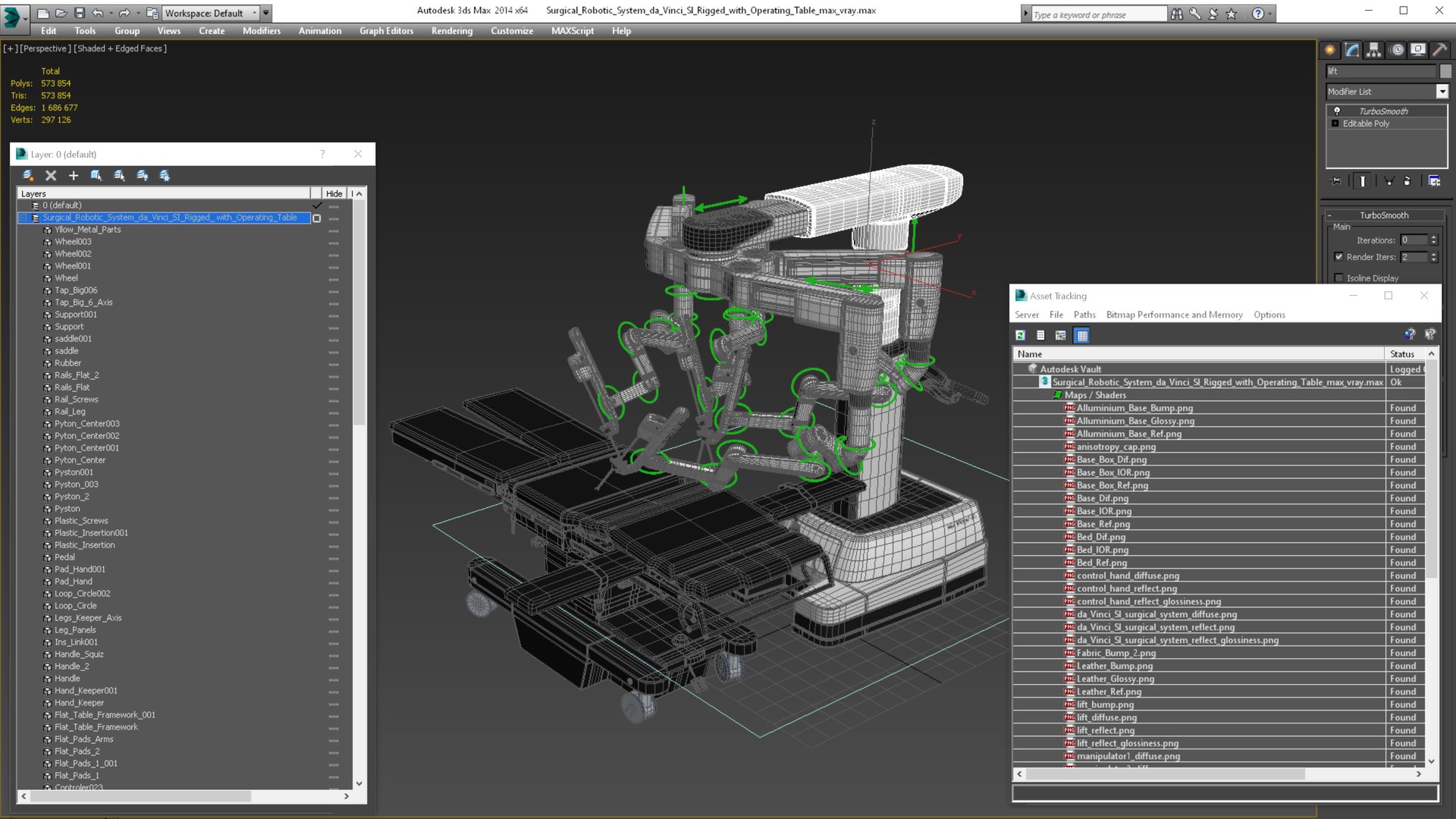 3D model Surgical Robotic System da Vinci SI Rigged with Operating Table https://p.turbosquid.com/ts-thumb/ip/XlL879/GZ/surgicalroboticsystemdavincisiriggedwithoperatingtable3dsmodel028/jpg/1651243668/1920x1080/fit_q87/7690a62632b27180ca1e9ca519e67bd3fef2c837/surgicalroboticsystemdavincisiriggedwithoperatingtable3dsmodel028.jpg