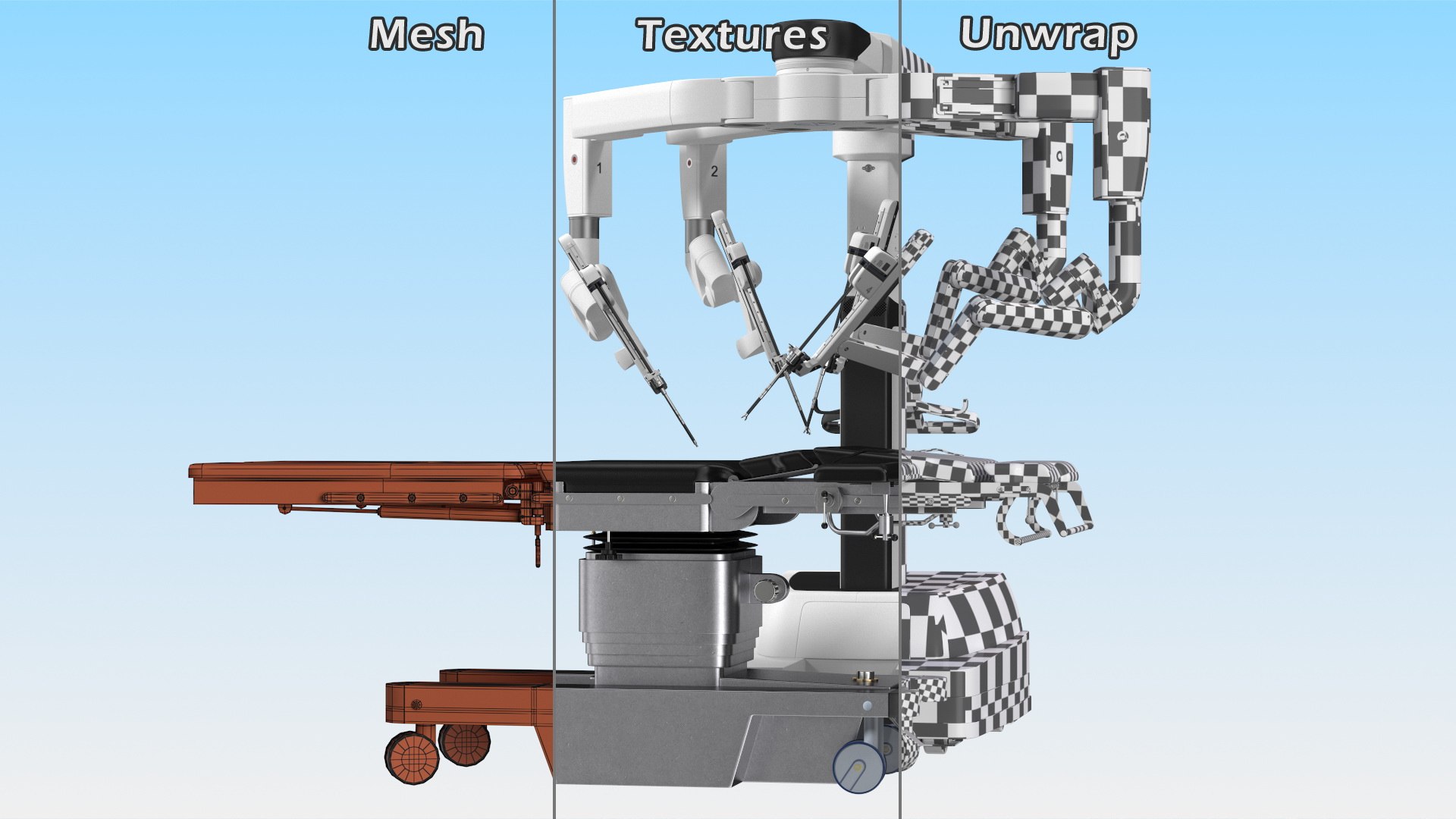 3D model Surgical Robotic System da Vinci SI Rigged with Operating Table https://p.turbosquid.com/ts-thumb/ip/XlL879/aZ/surgicalroboticsystemdavincisiriggedwithoperatingtable3dsmodel023/jpg/1651243653/1920x1080/fit_q87/2322abddb718f7c3a57757de1b22ae3bf76beebb/surgicalroboticsystemdavincisiriggedwithoperatingtable3dsmodel023.jpg