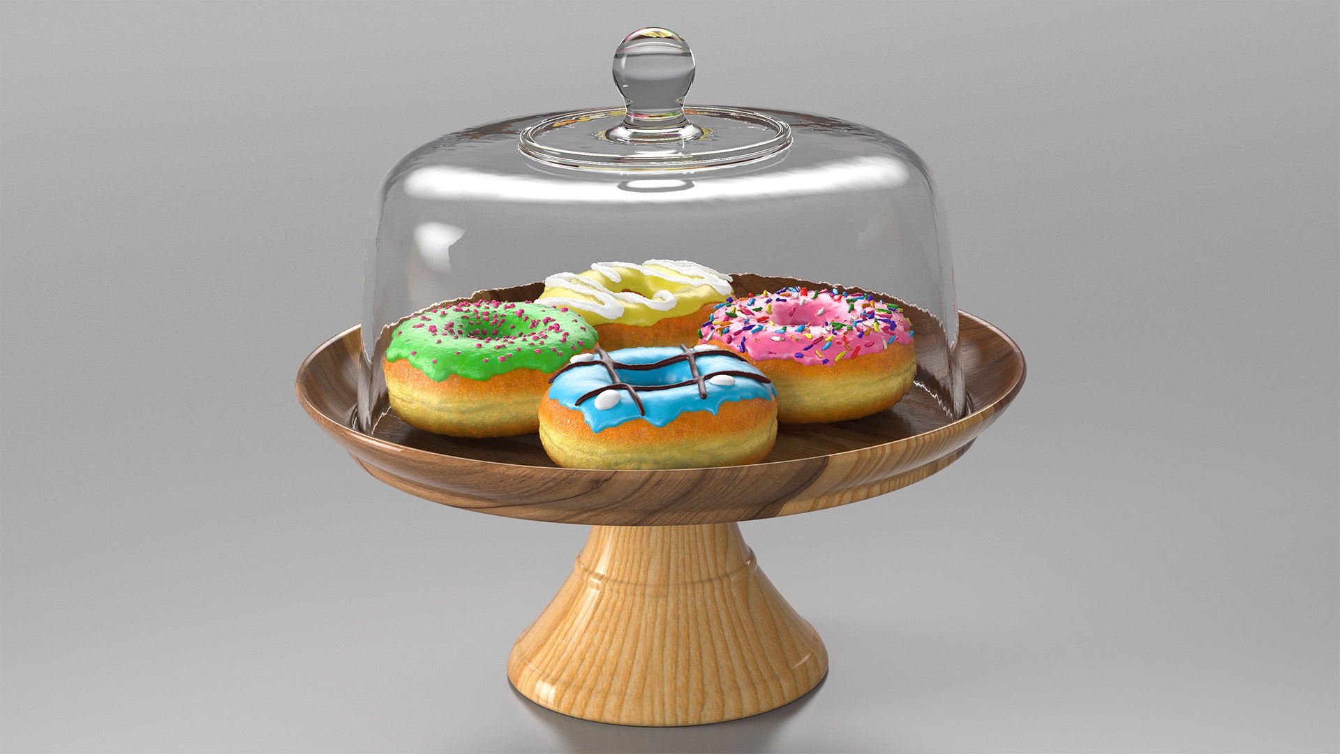 Cake Stand Wooden with Donuts 3D model preview