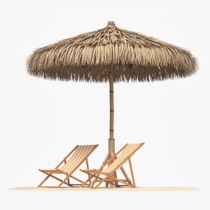Straw Beach Umbrella with Sun Loungers on Sand