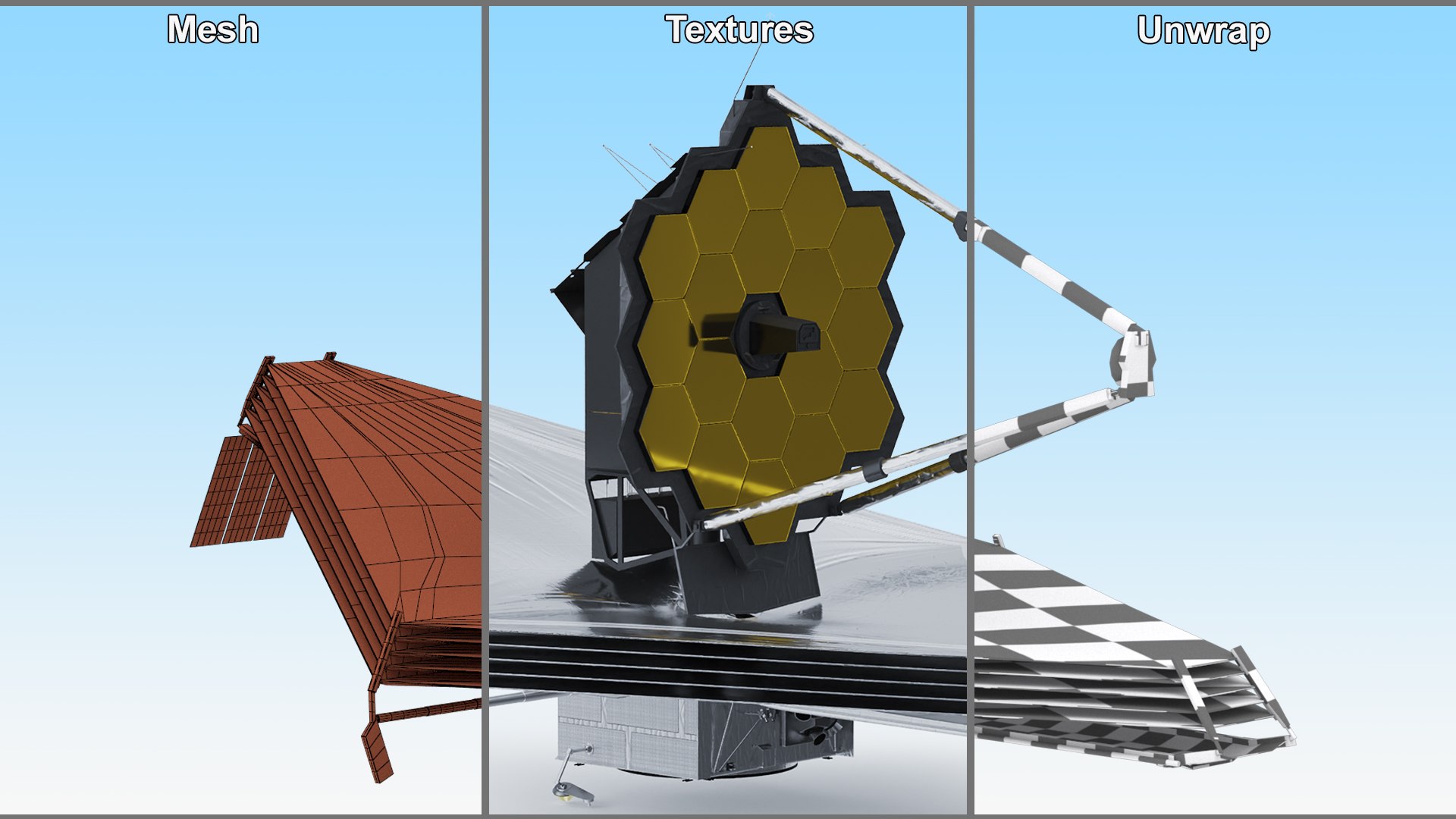 James Webb Space Telescope 3D model https://p.turbosquid.com/ts-thumb/it/9APVwy/LF/jameswebbspacetelescope3dsmodel019/jpg/1671410735/1920x1080/fit_q87/4257c17465a5015725c2270730ed4bdf6c599916/jameswebbspacetelescope3dsmodel019.jpg
