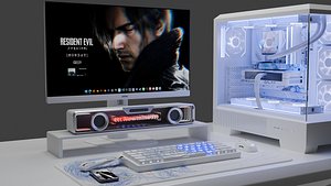 White Gaming Desk Setup 3D Model - Clean RGB PC Build 3D