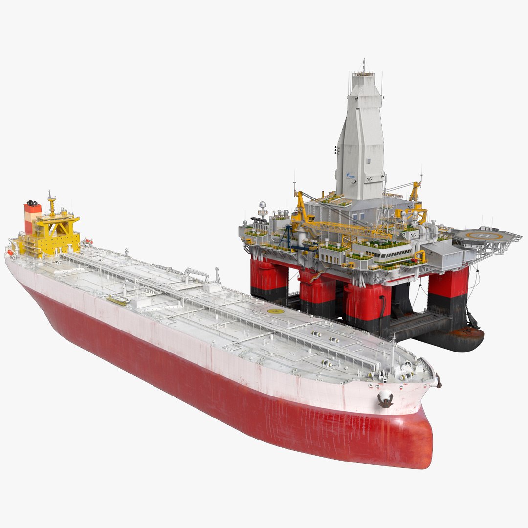 Oil Carrier Ship with Offshore Rig 3D model preview