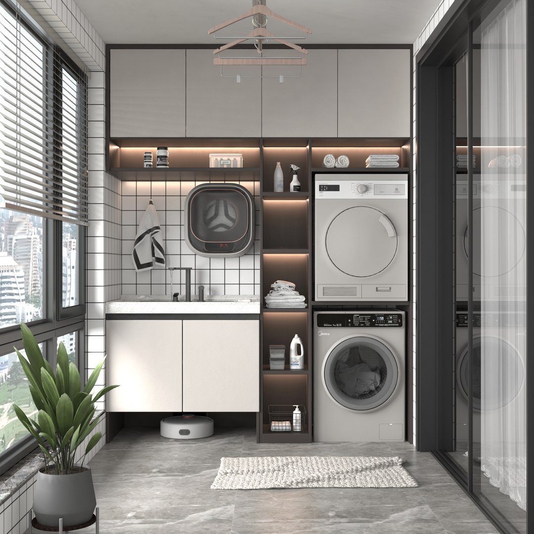 3D Model Modern Balcony Laundry Cabinet Combination Laundry Room Home ...