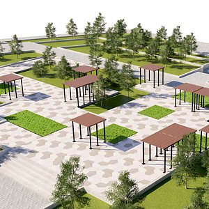 3D Minimalist Park with Pergolas