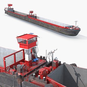 3D Flat Deck Freight Barge Empty Red Rigged model