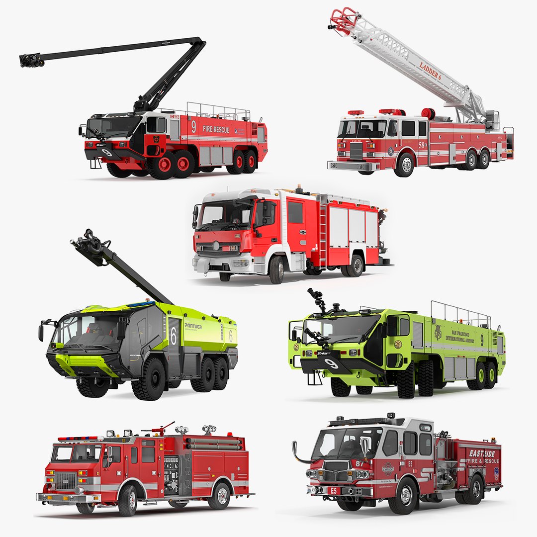 Rigged Fire Trucks Collection 6 3D model preview