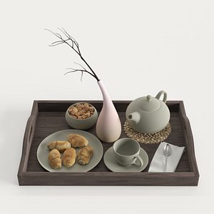 3D wooden tray breakfast teapot