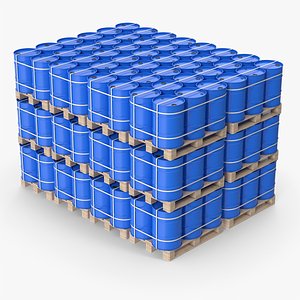 3D Stacked Blue Barrels On Wood Pallets