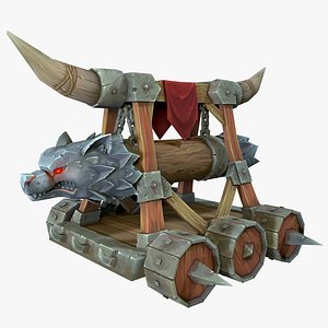 3D Battering Ram Stylized model medieval wooden siege weapon vehicle with wolf head