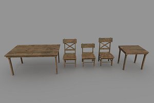 wood table chair dirty 3D model