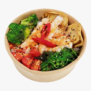 3D Poke bowl with king prawn or caramote prawn and Teriyaki sauce model
