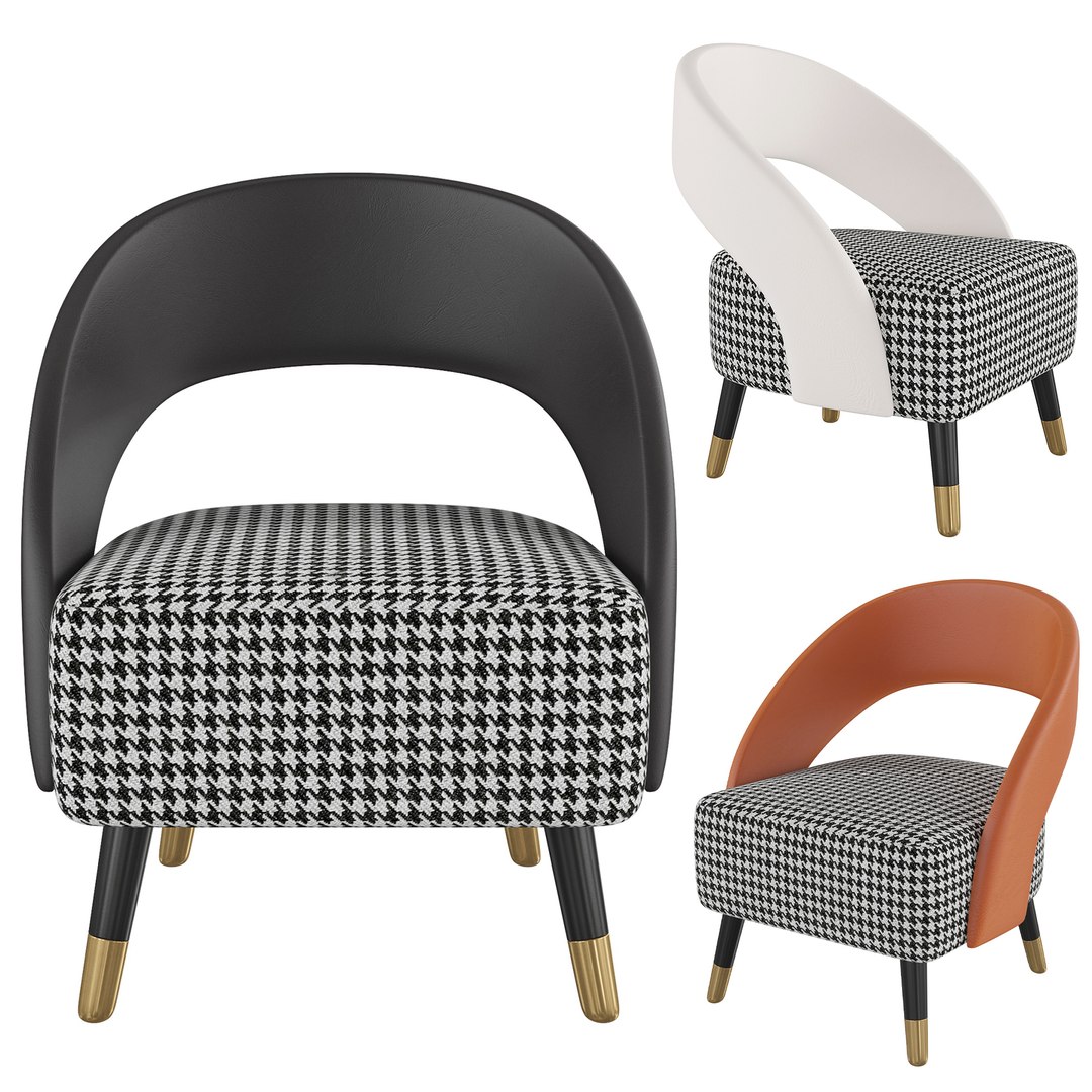 Homary White Accent Chair Houndstooth Linen PU Leather Upholstered