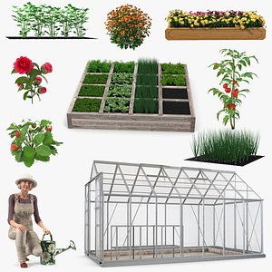 3D Gardening Lady with Greenhouse Collection model