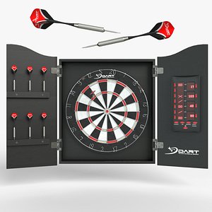 Dartboard and Cabinet with Scoreboard and Darts 3D