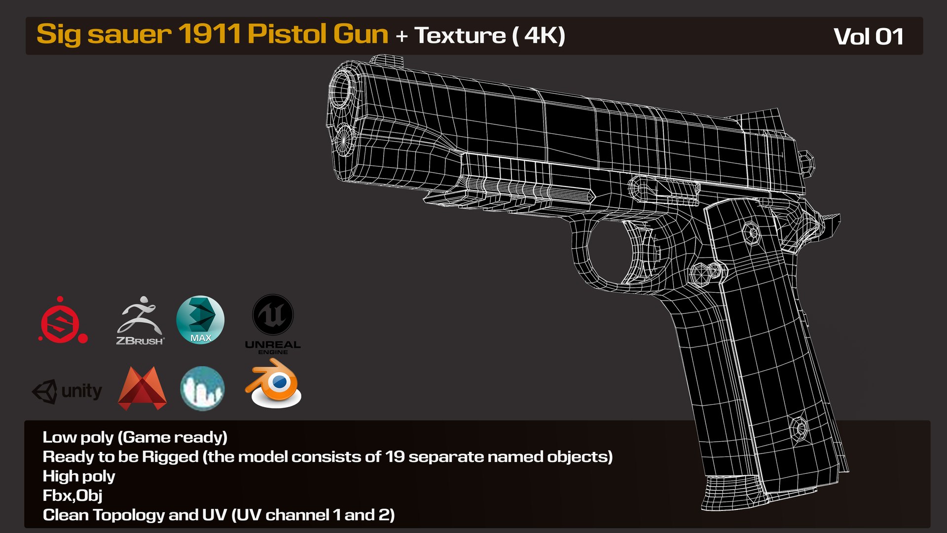 3D Sig Sauer 1911 Pistol Gun-Game Ready Model - TurboSquid 1949933