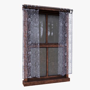 3D Old Wooden Window with Animated Curtains Game Ready PBR