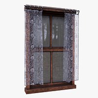 Old Wooden Window with Curtains Game Ready PBR