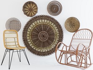 Rattan Wicker Chair  Basket Set 3D model
