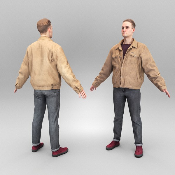Young man in brown jacket in A-pose 372 3D