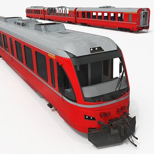 Red Diesel Train with First Class and Second Class Wagons 3D model