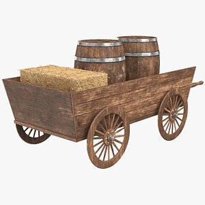 Wooden Cart With Barrel And Haystack