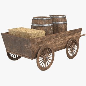 Wooden Cart With Barrel And Haystack