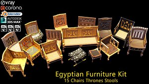 Egyptian Furniture Kit - 15 Chairs Thrones Stools 3D model