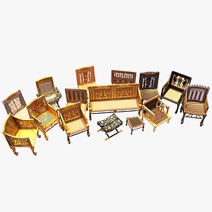 Egyptian Furniture Kit - 15 Chairs Thrones Stools 3D model
