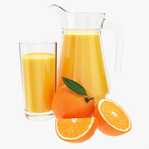 Jug and glass with orange juice and fruit