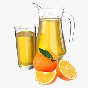 Jug and glass with orange juice and fruit 3D