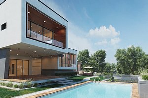 A modern house scene environment with forest surrounded