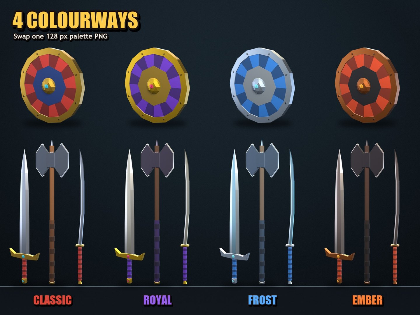 3D Low Poly Medieval Melee Weapons Pack 20 Swords Axes Shields https://p.turbosquid.com/ts-thumb/jC/8oz6Yc/nD/low_poly_melee_weapons_05_colourways/jpg/1793436331/1920x1080/fit_q87/07e5624568ddd6d3d65bcd3dca644c207a045d5d/low_poly_melee_weapons_05_colourways.jpg