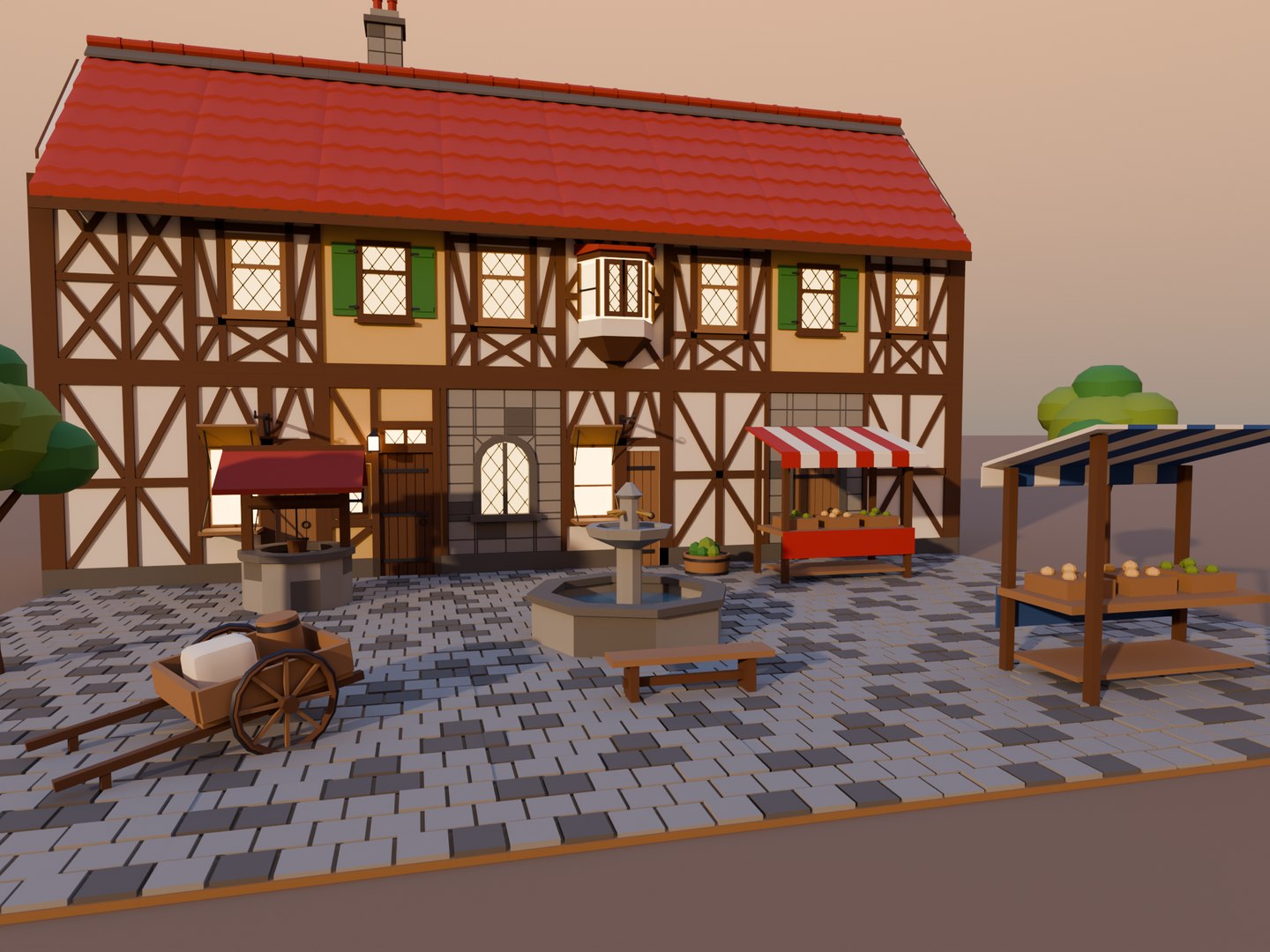 3D Low Poly Modular Medieval Town Kit - 56 Game Ready Models https://p.turbosquid.com/ts-thumb/jD/zyrBgP/Gd/14_square_well_fountain_stalls/png/1791110496/1920x1080/fit_q87/f1f42b3b50e2671022cfd27fd9d2024f86a5cd7e/14_square_well_fountain_stalls.jpg