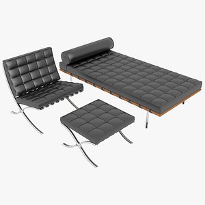 Knoll Black Leather Barcelona Chair Couch and Stool Ottoman Set
