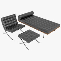 Knoll Black Leather Barcelona Chair Couch and Stool Ottoman Set
