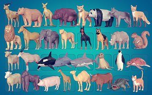 Polygonal LowPoly Cartoon Animal Pack - Lion Tiger Elephant Deer Bear Fox Whale Gorilla- Statue