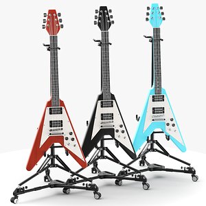 Detailed Three V Electric Guitars With  Holder 3D model