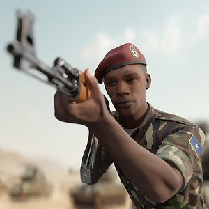 3D Somali Soldier on Kneelin Pose with AK-47 Fur model