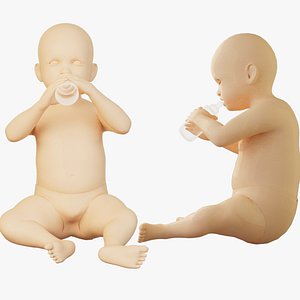 3D Baby holds a bottle  tilts head back  and drinks milk with animation