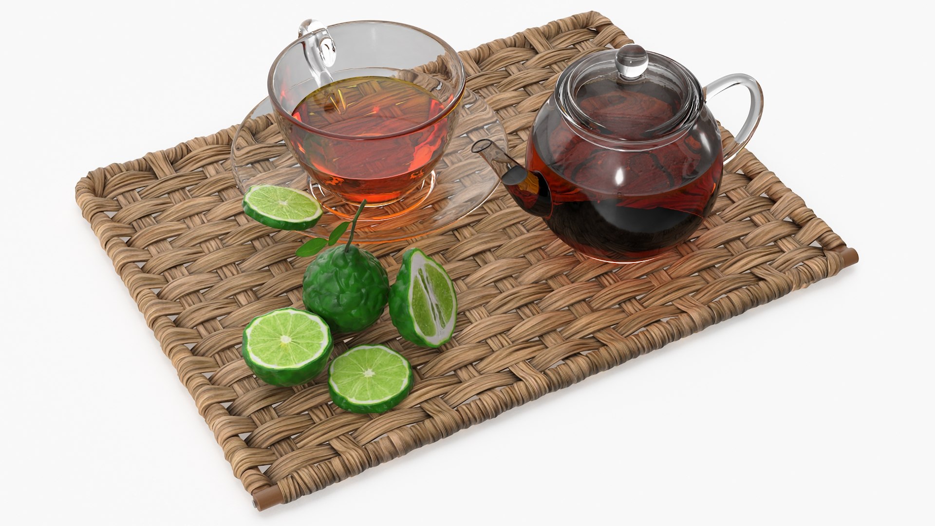 Glass Teapot with Tea Cup and Bergamot on Rattan Mat 3D model preview